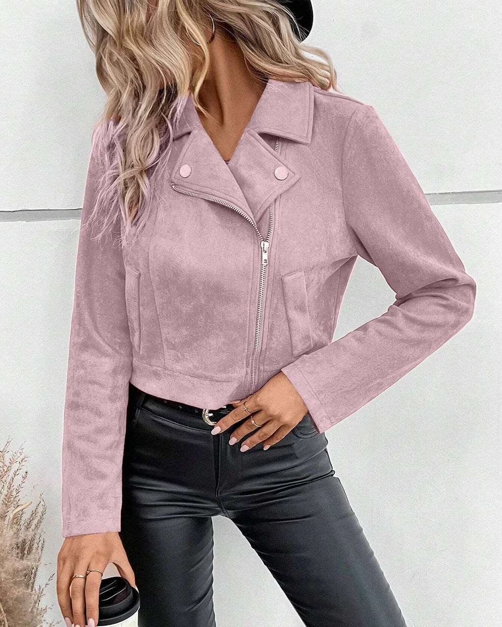 Zippered Lapel Waist Length Jacket in Dusty Pink