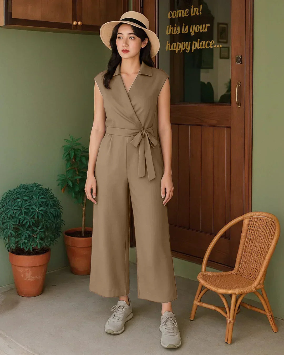 Plain Collar Jumpsuit With Pockets And Belt In Mud Brown