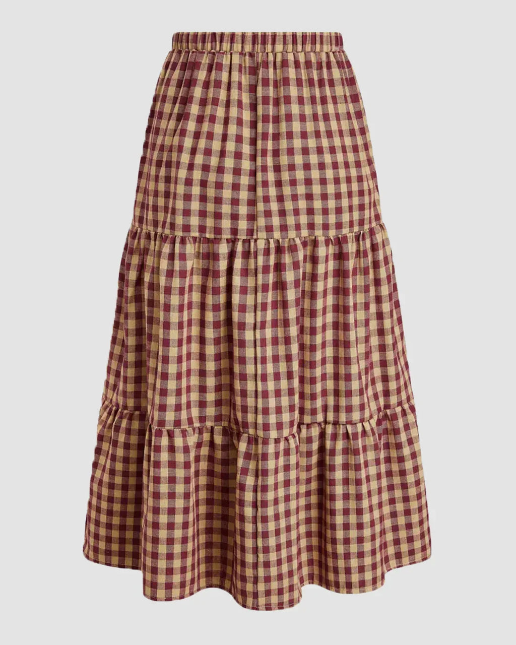 Tiered Gingham Maxi Skirt With Elastic Waist