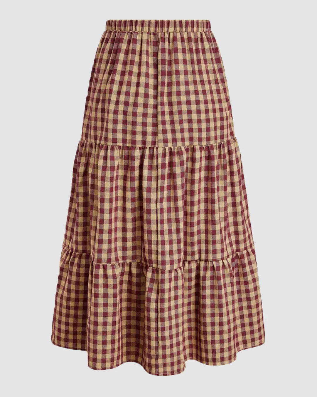 Tiered Gingham Maxi Skirt With Elastic Waist