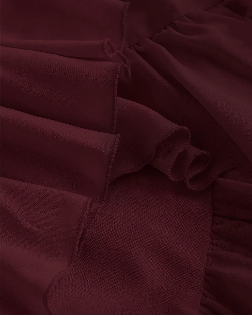Maroon Ruched Square Neck Ruffle High-Low Midi Dress with Ruffle Hem