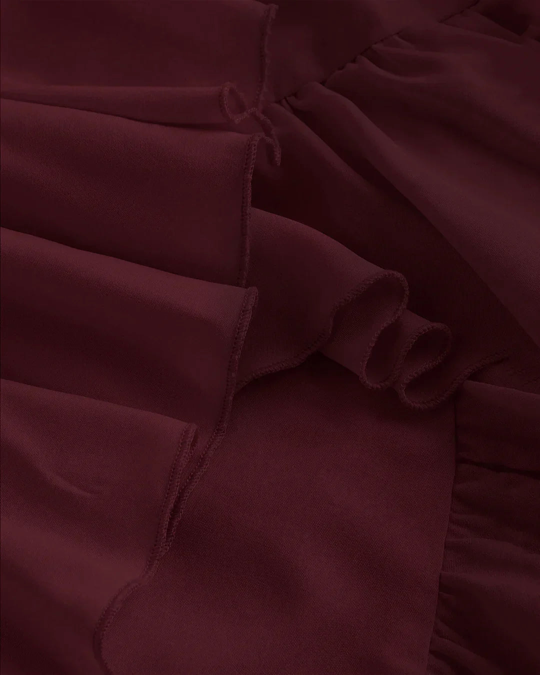 Maroon Ruched Square Neck Ruffle High-Low Midi Dress with Ruffle Hem