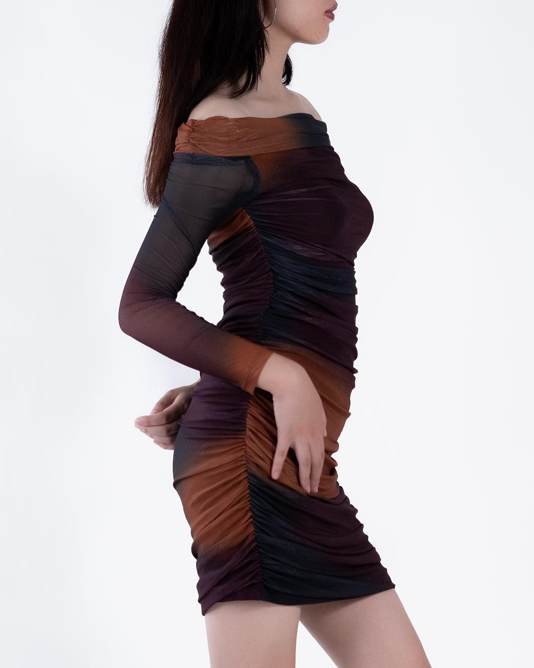 Off-Shoulder Tie Dye Long Sleeve Slim Fit Dress