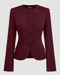 Round Neck Button Long Sleeve Suit Jacket In Burgundy