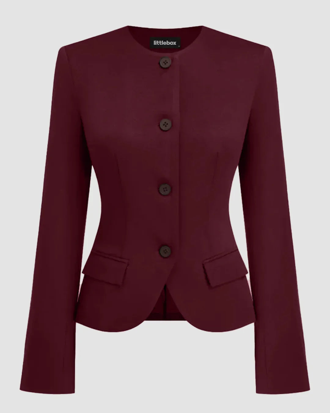 Round Neck Button Long Sleeve Suit Jacket In Burgundy