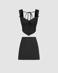 Solid Button Front Crop Vest Blazer & Split Skirt