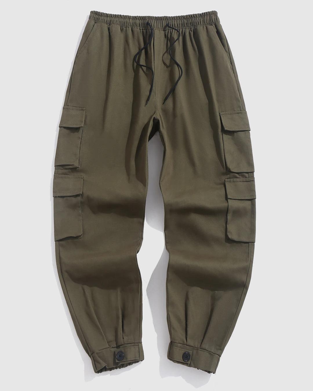 Men Streetwear Multi-Pocket Drawstring Beam Feet Olive Green Cargo Pants