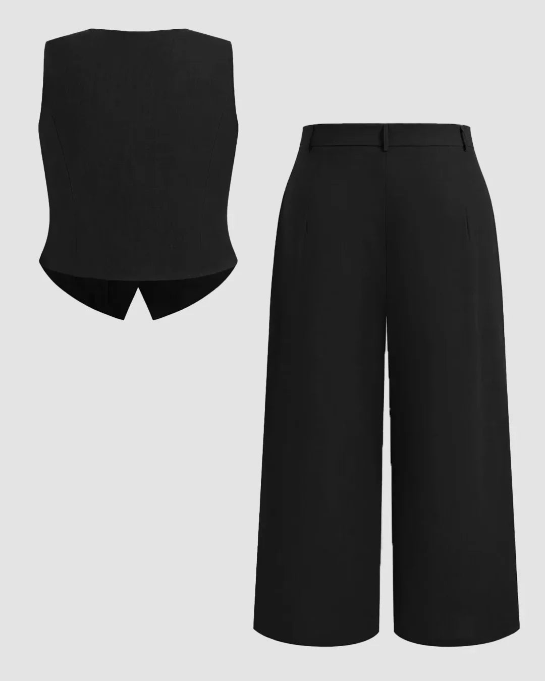 Black Sleeveless Button Vest & Wide-Leg Trousers Set Curve & Plus