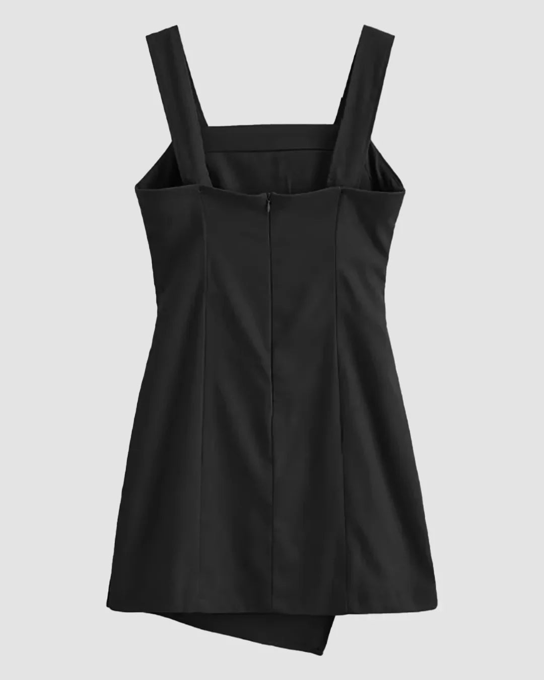 Sleeveless Square Neck Ruched Asymmetric Mini Dress in Black