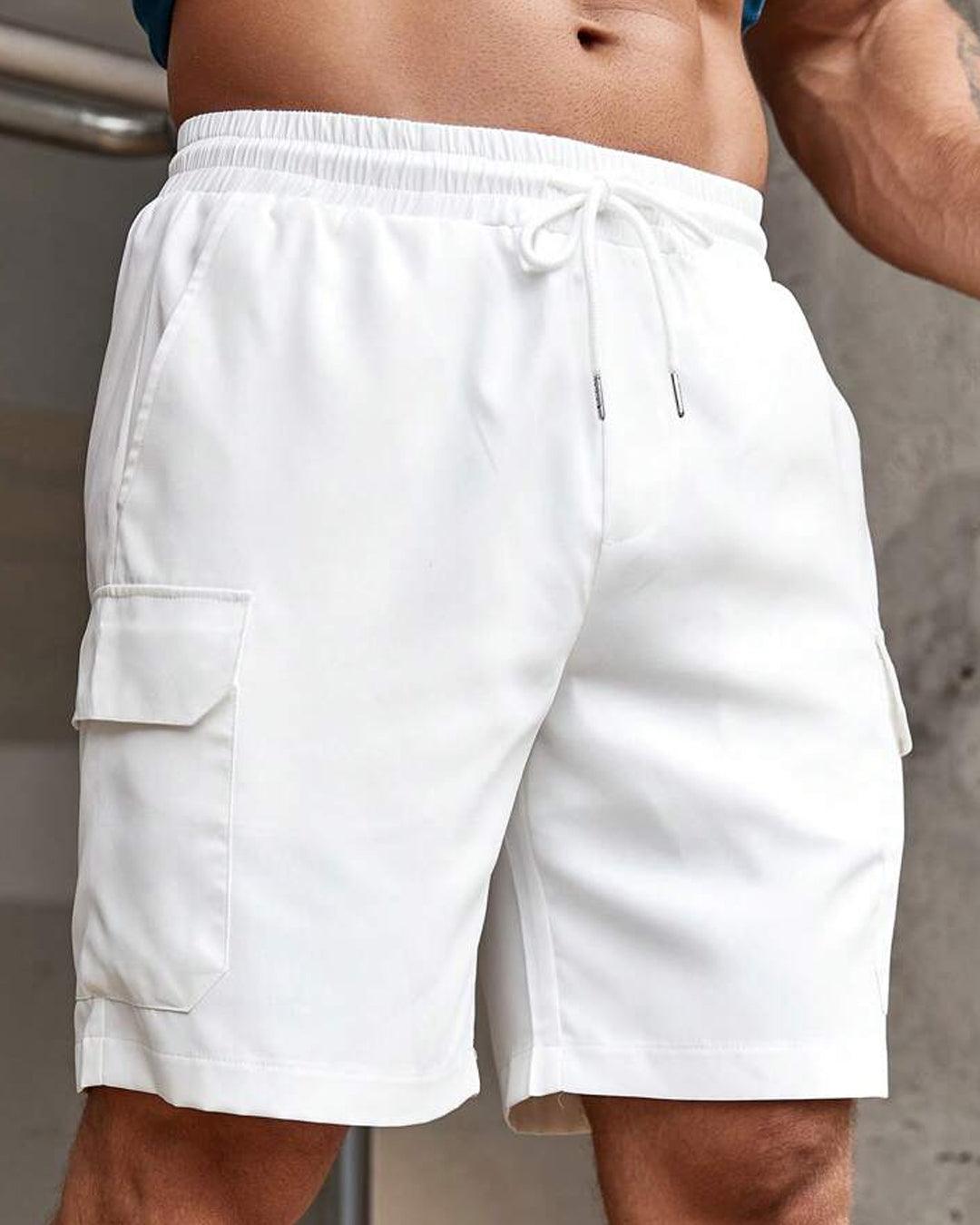 Men Patched Flap Pockets White Cargo Shorts