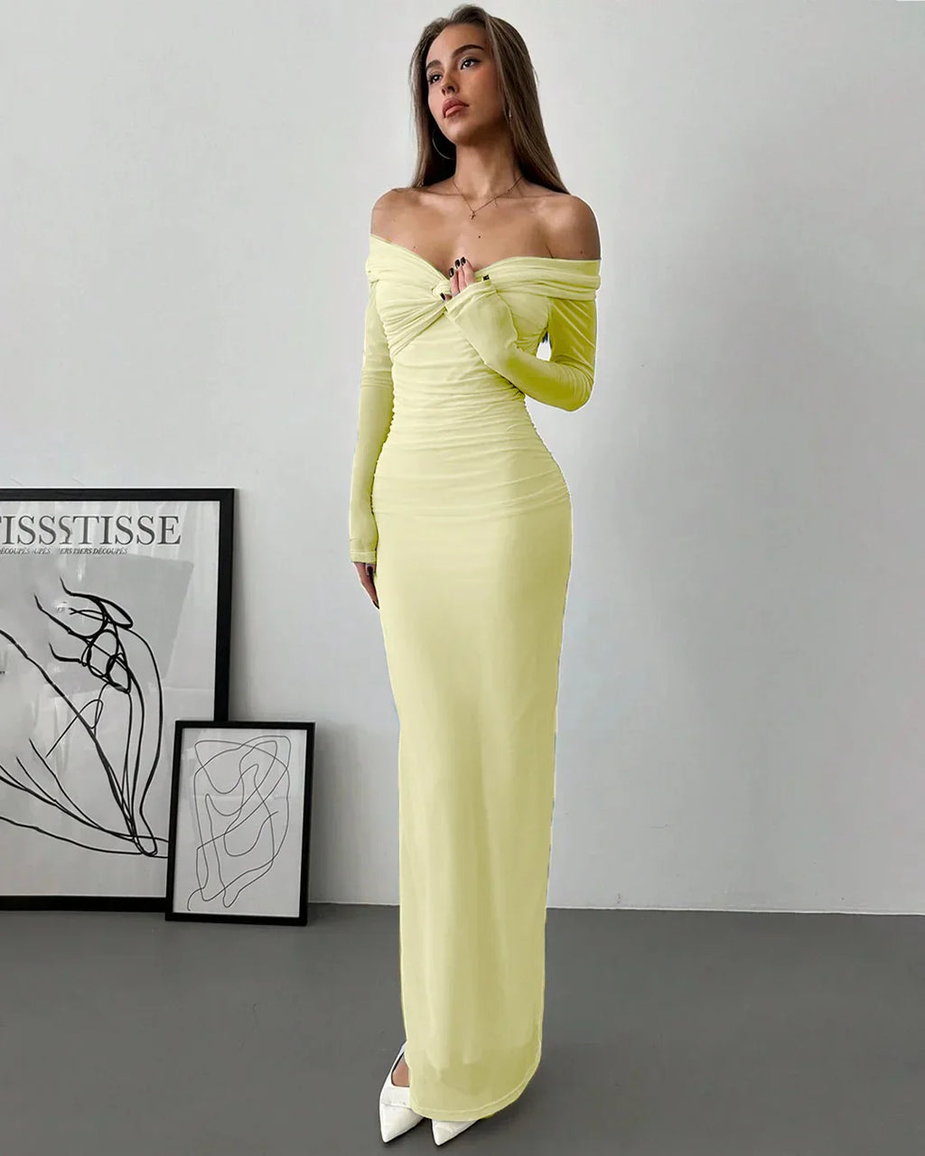 Off Shoulder Mesh Ruched Fitted Dress With Long Sleeve in French Vanilla