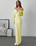 Off Shoulder Mesh Ruched Fitted Dress With Long Sleeve in French Vanilla