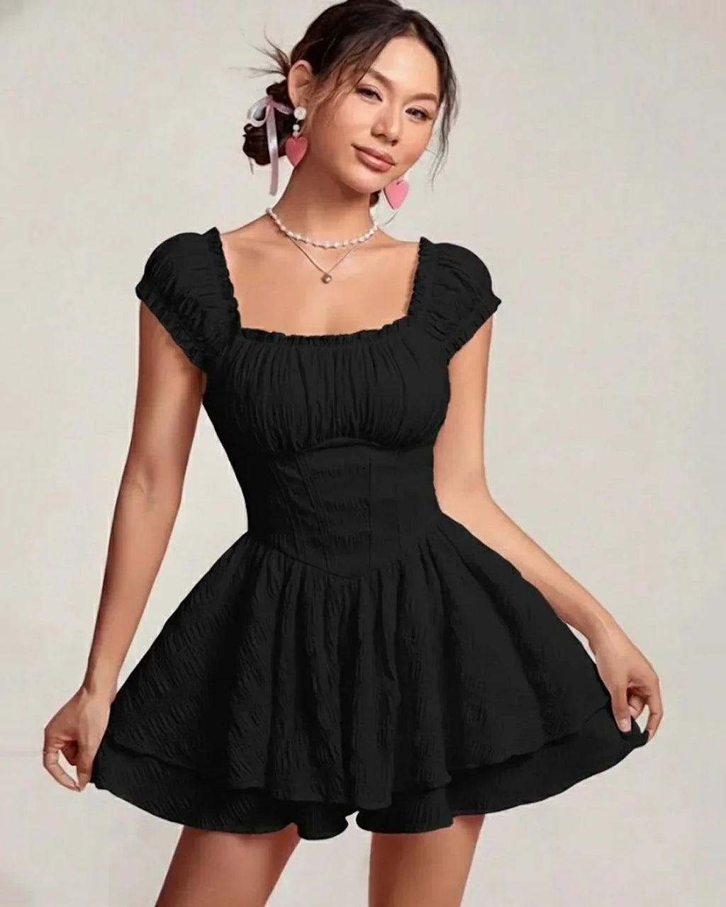 Square Neck Double Layer Short Sleeve Dress In Black