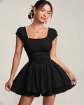 Square Neck Double Layer Short Sleeve Dress In Black