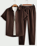 Men Vacation Solid Color Casual Shirt And Long Pants Set In Coco Brown