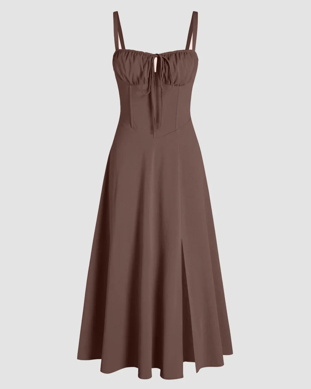 Spaghetti Strap Ruched Bust Slit Midi Dress in Coco