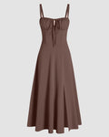 Spaghetti Strap Ruched Bust Slit Midi Dress in Coco