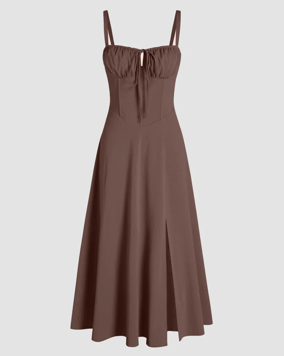 Spaghetti Strap Ruched Bust Slit Midi Dress in Coco