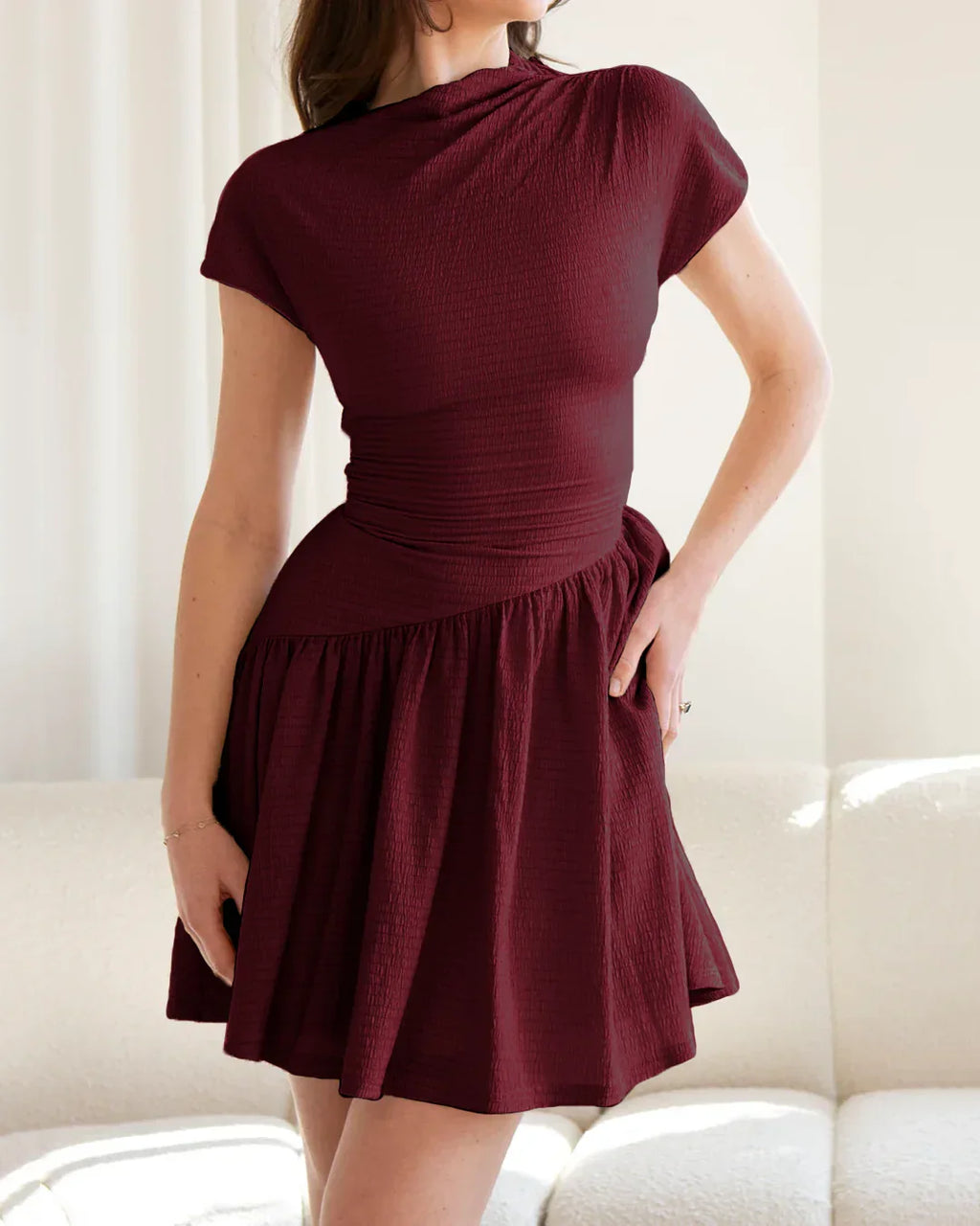 Maroon Cap Sleeve Flared Mini Dress