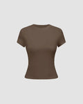 Solid Color Round Neck Short Sleeve Casual Top In Brown