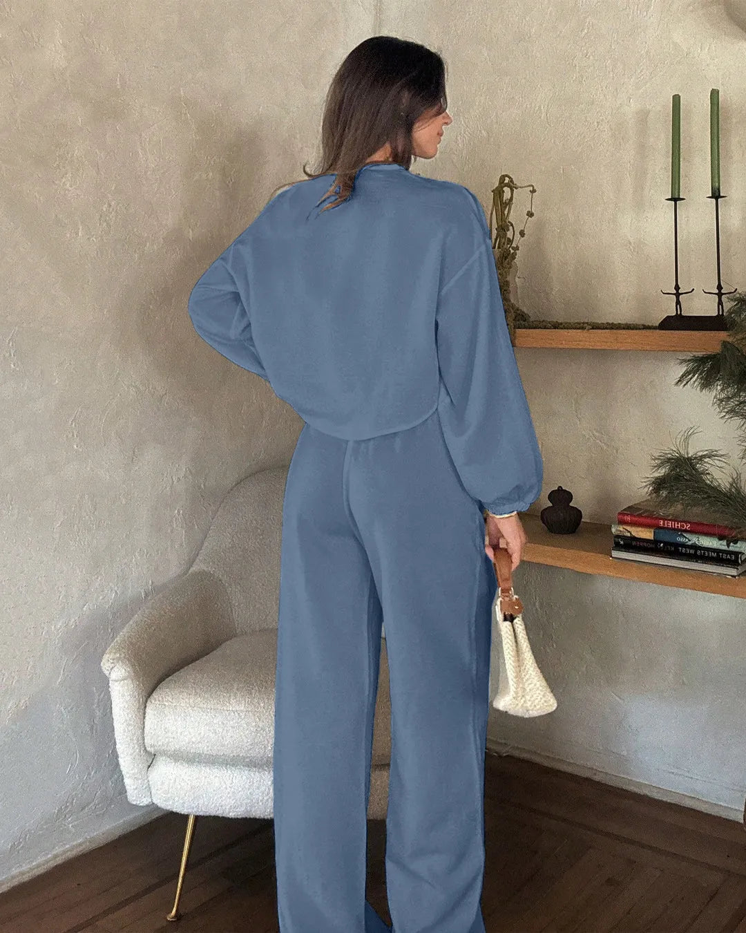 Long Sleeve Button Top & Wide-Leg Trousers Matching Set in French Blue