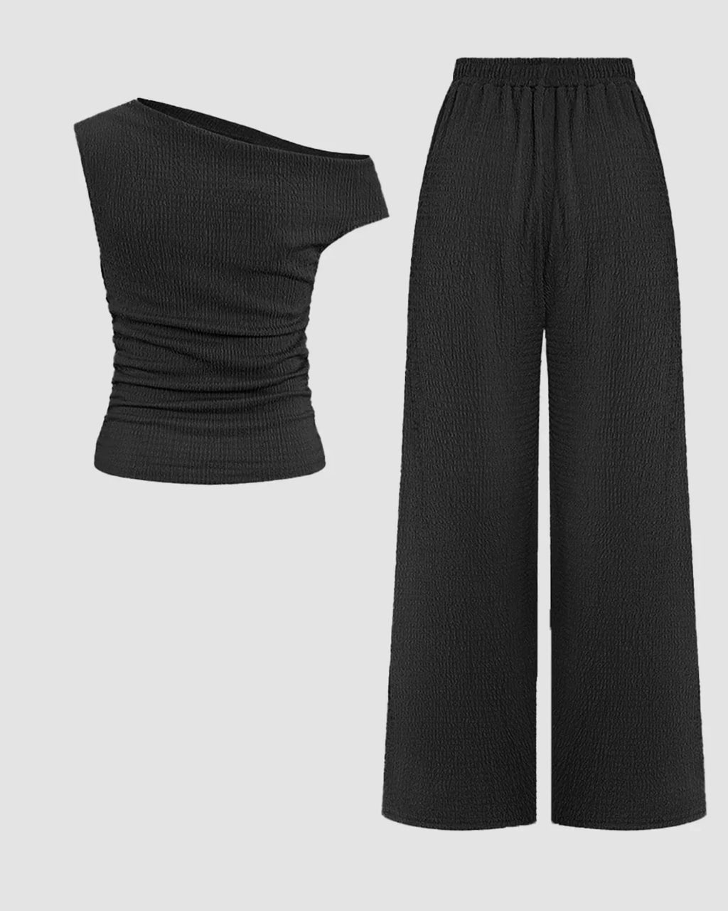 One Shoulder Ruched Top & Wide-Leg Trousers Co-ords Set in Black