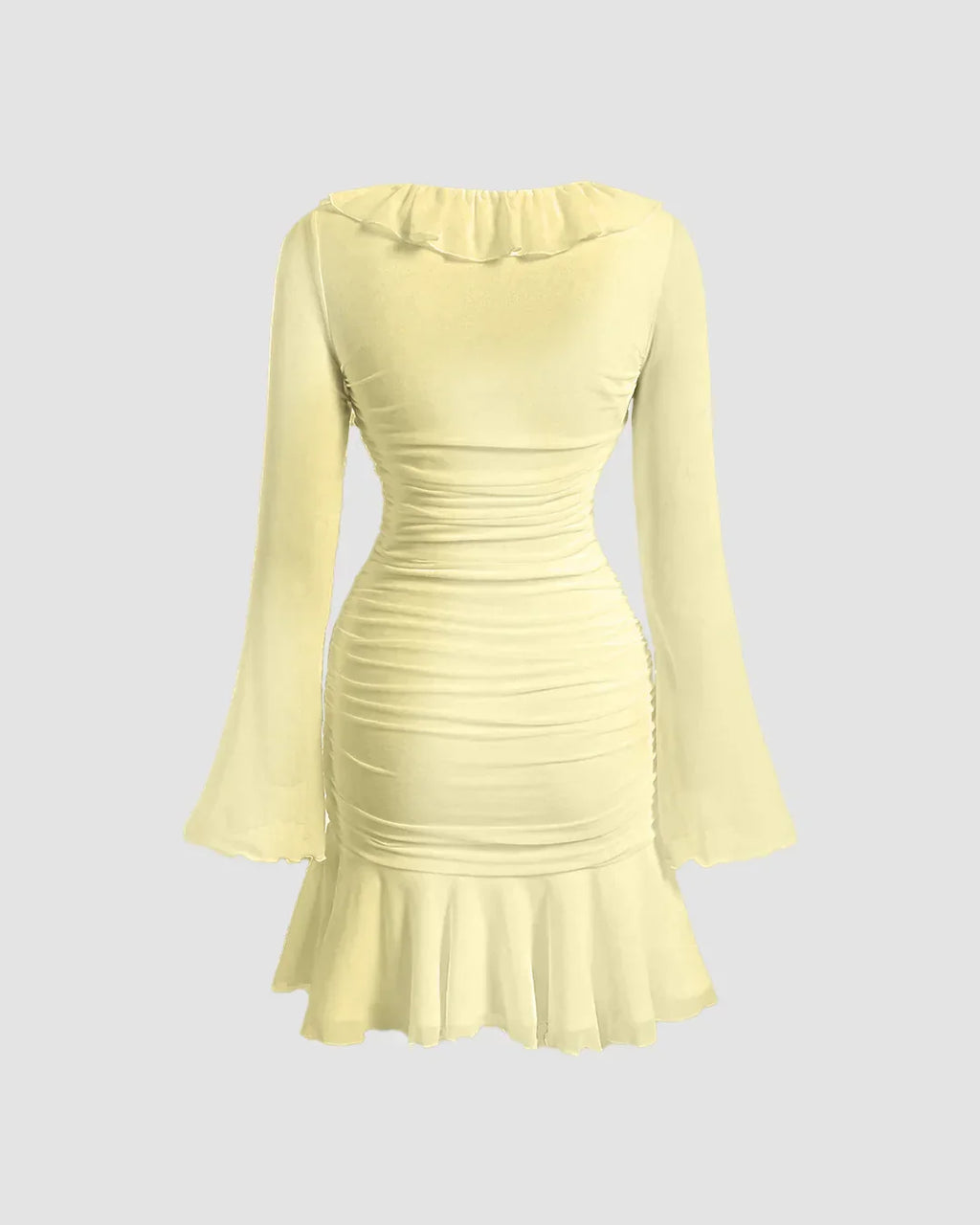 Ruffled V Neck Tie Up Long Sleeve Mini Dress in French Vanilla