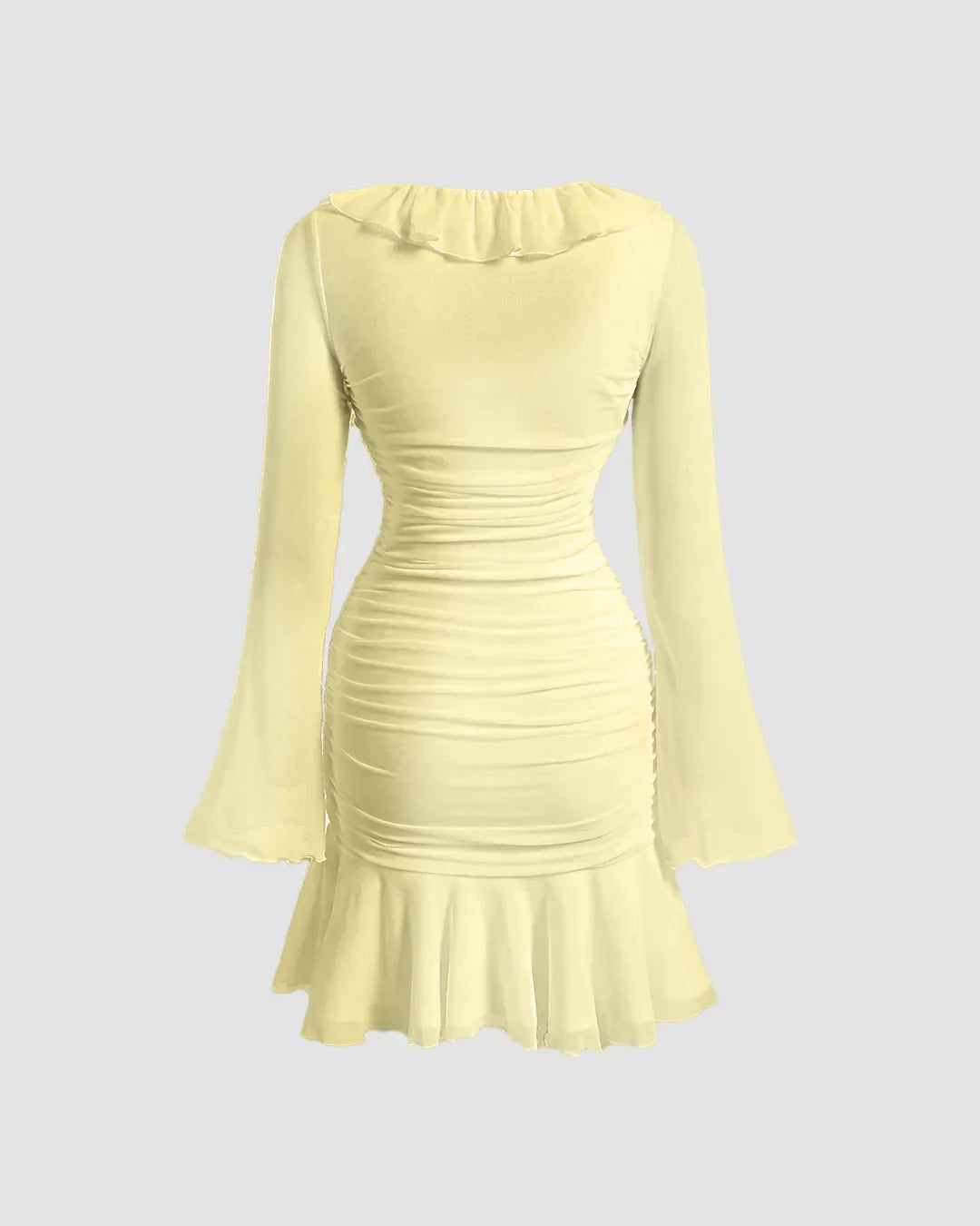 Ruffled V Neck Tie Up Long Sleeve Mini Dress in French Vanilla