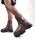 Retro Platform Plain Buckled Short Boots In Coffee Brown