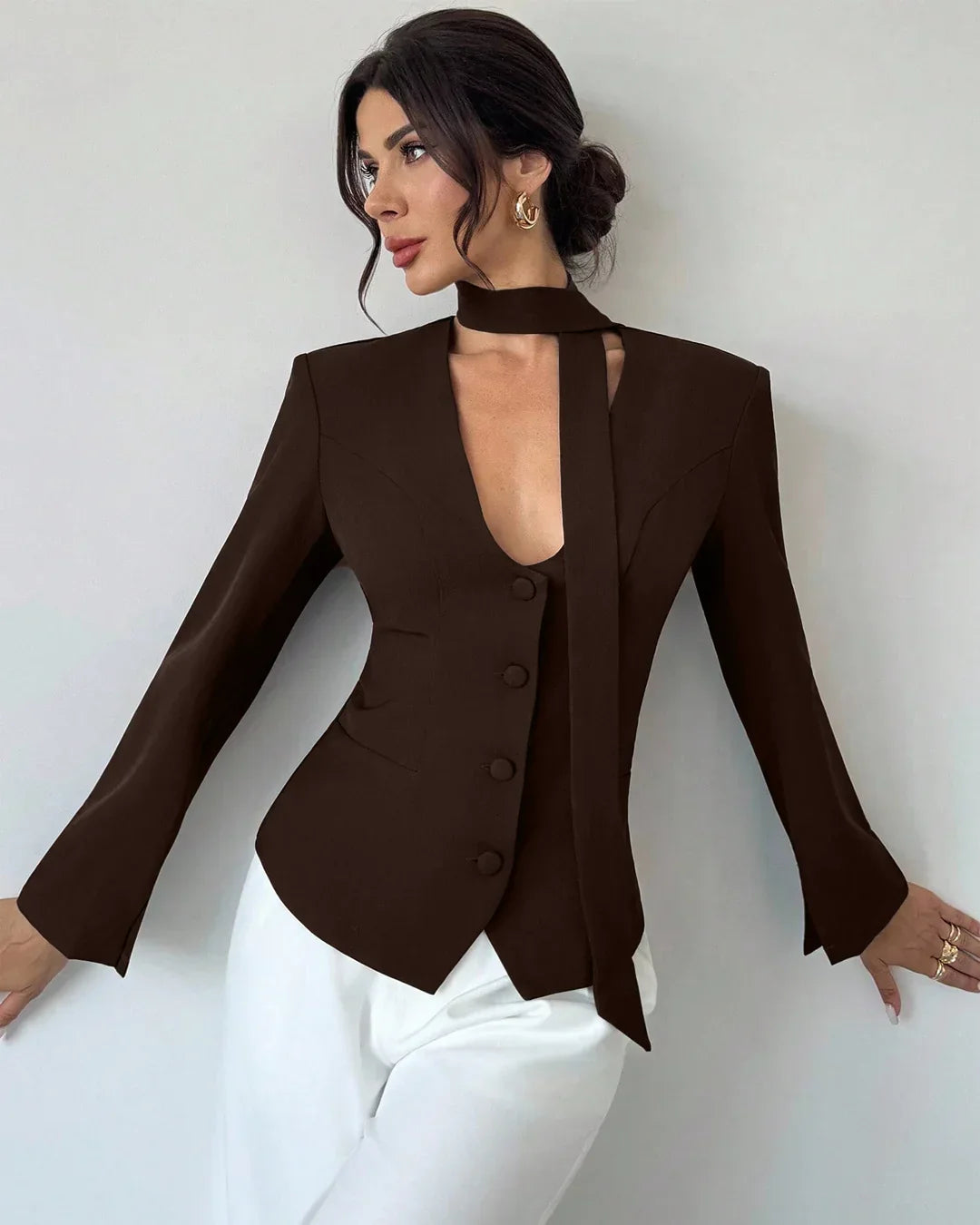 Coco Deep V-Neck Tie Detail Full Sleeve Top