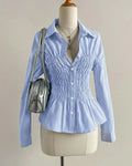 Ruched Collared Button Front Full Sleeve Top in Blue