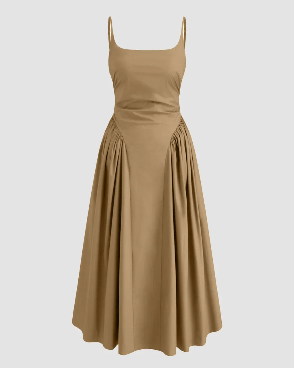 U-neckline Ruched Ruffle Hem Maxi Cami Dress in Mud