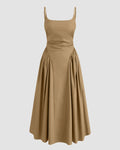 U-neckline Ruched Ruffle Hem Maxi Cami Dress in Mud