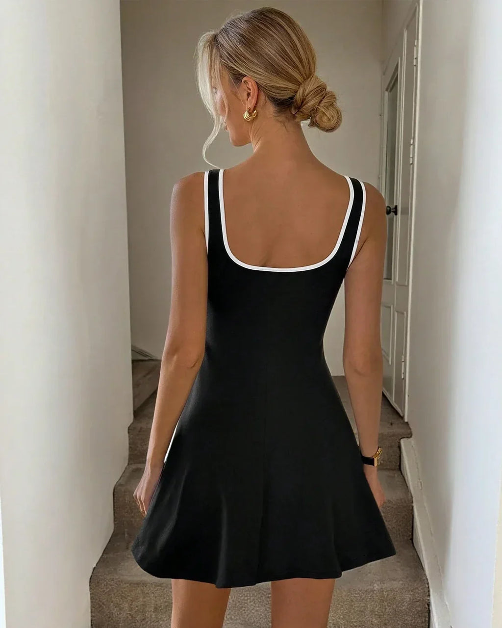 Square Neck Contrast Trim Fit & Flare A-Line Mini Dress