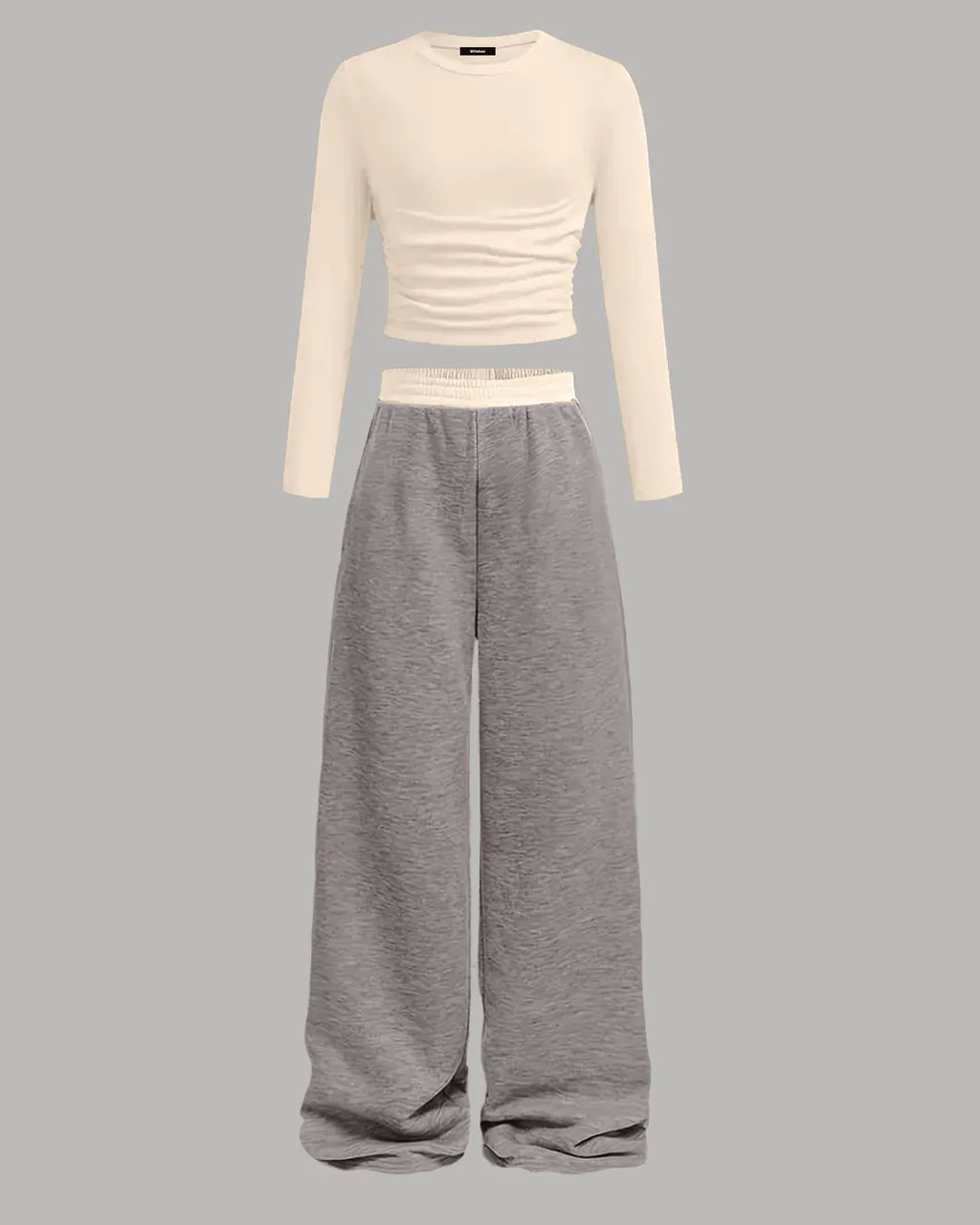 Melange Long Sleeve Fitted Top & Wide-Leg Pants Set