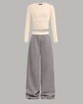 Melange Long Sleeve Fitted Top & Wide-Leg Pants Set