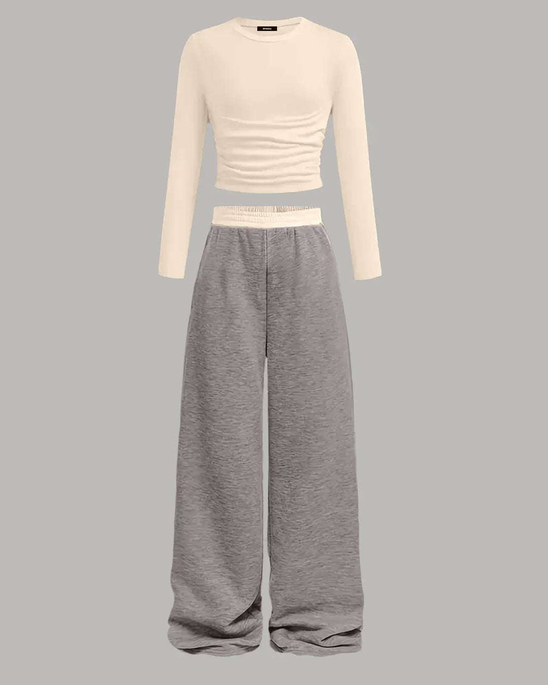 Melange Long Sleeve Fitted Top & Wide-Leg Pants Set
