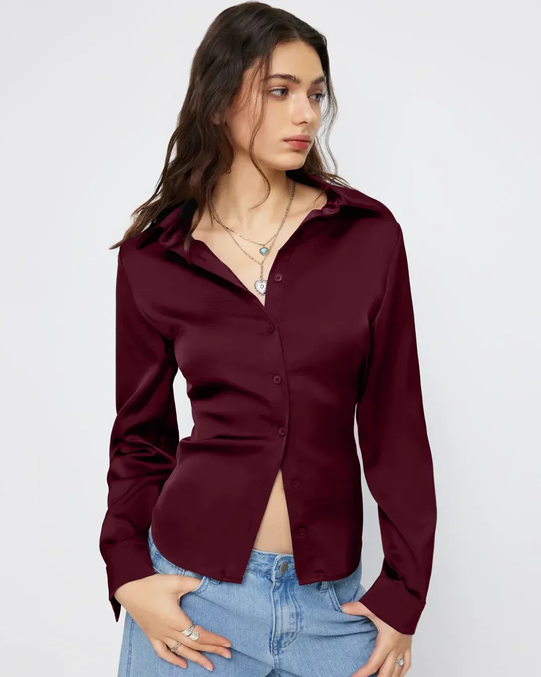 Satin Button-Down Collar Full Sleeve Shirt in Maroon