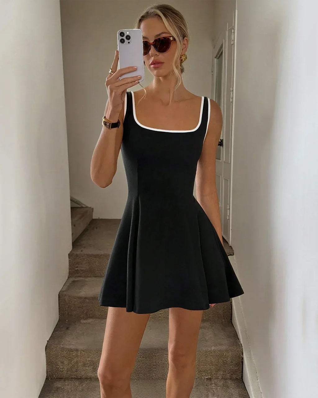 Square Neck Contrast Trim Fit & Flare A-Line Mini Dress
