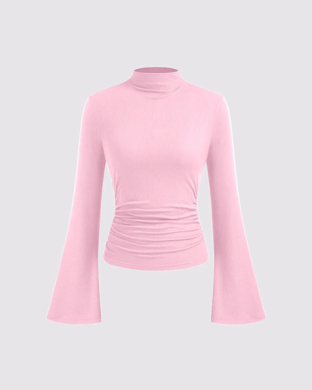 High Neck Ruched Long Sleeve Top In Pink