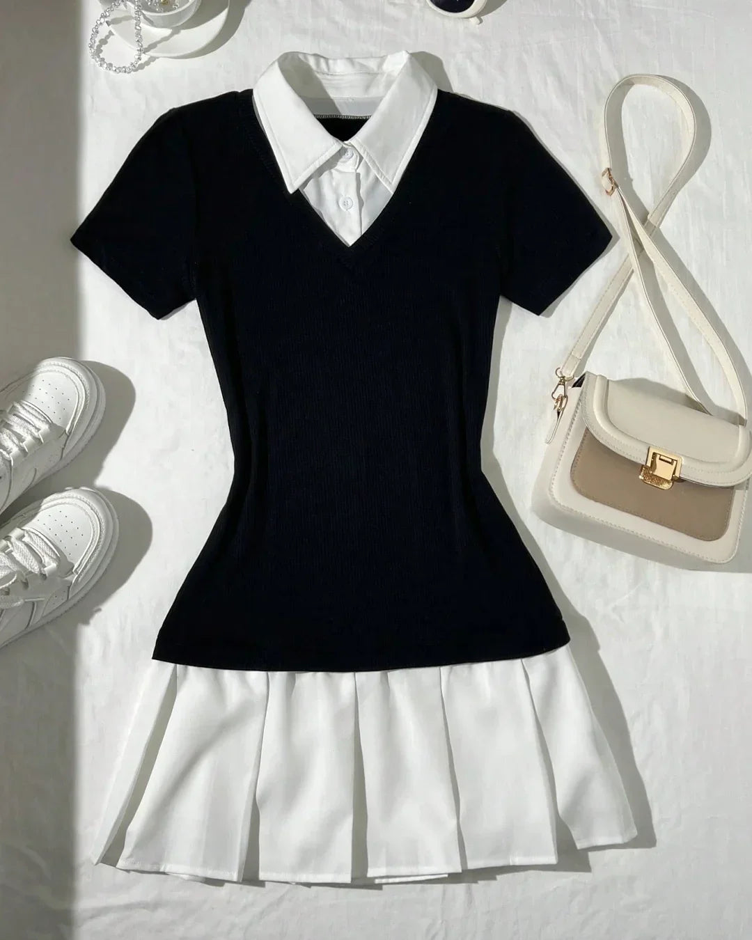 Contrast Collar Pleated Hem Mini Dress in Black Curve & Plus