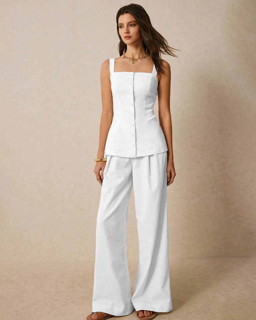 Square Neck Sleeveless Co-ord Set With Front Buttons In White