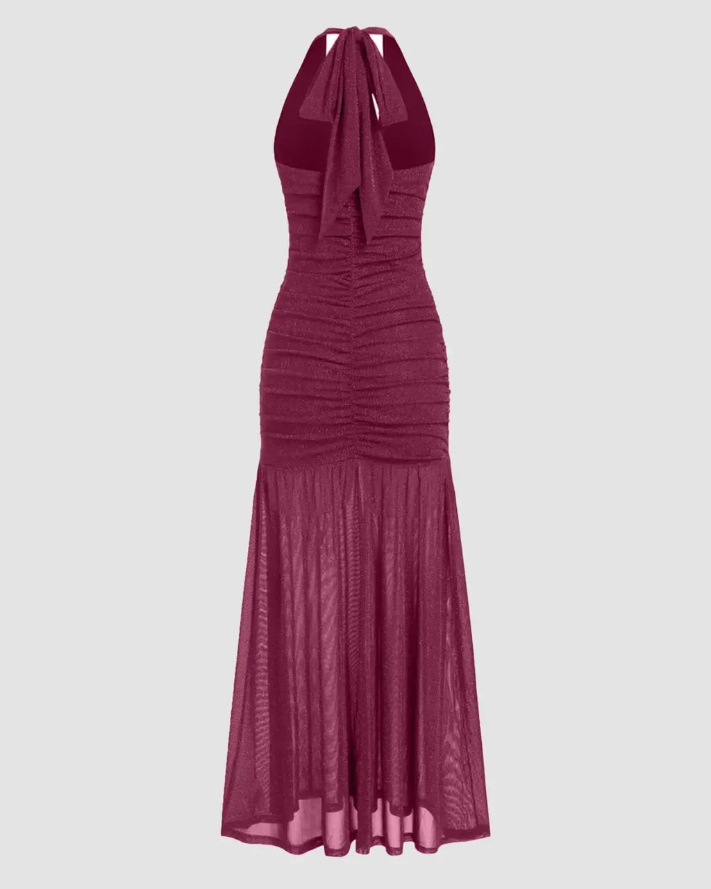 Mesh Halter Neckline Glitter Ruched Maxi Dress in Maroon