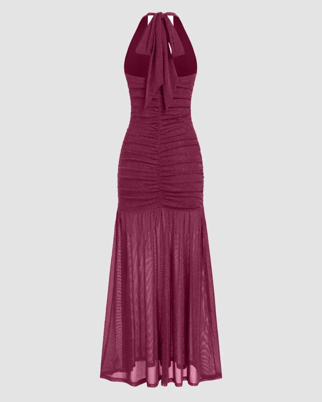 Mesh Halter Neckline Glitter Ruched Maxi Dress in Maroon