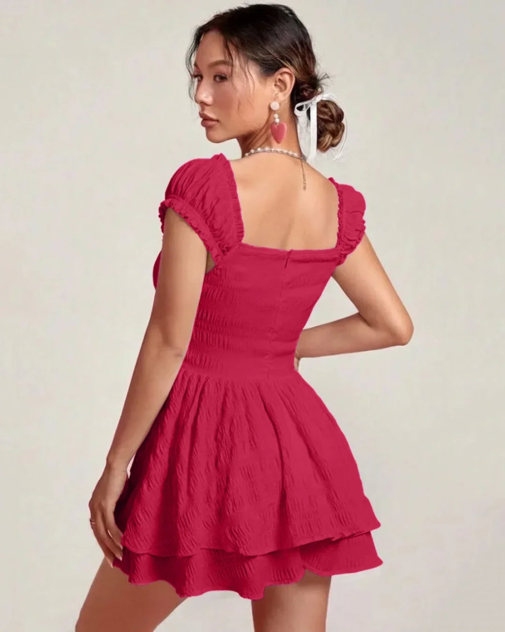 Square Neck Double Layer Short Sleeve Dress In Hot Pink