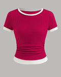 Casual Slim Fit Hot Pink and White Tee with Contrast Hem