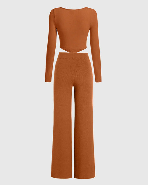 Burnt Orange Summer Ribbed Top & Trouser Coord Set