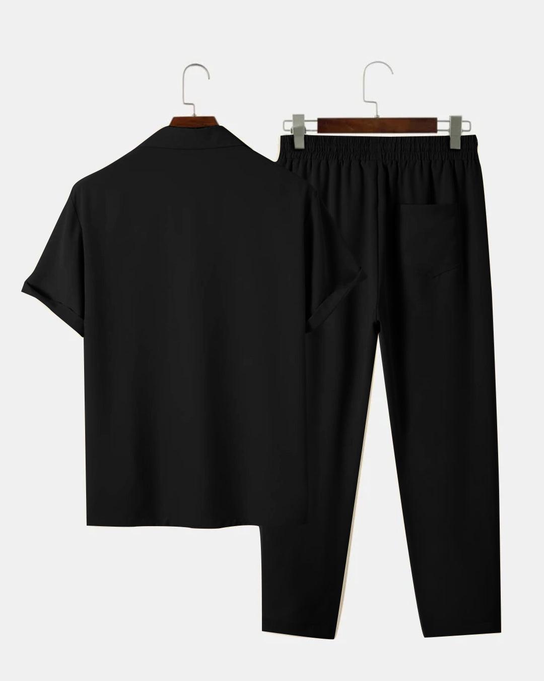 Men Two Piece Outfit Casual Basic Short Sleeved Button Up Shirt & Straight Leg Pant In Black