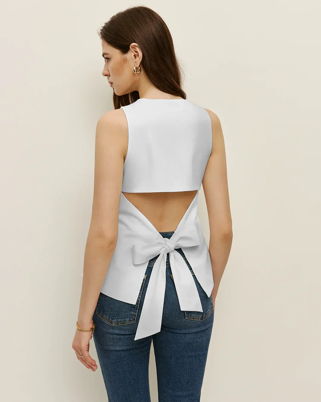 Sleeveless Button Down Structured Peplum Top in White