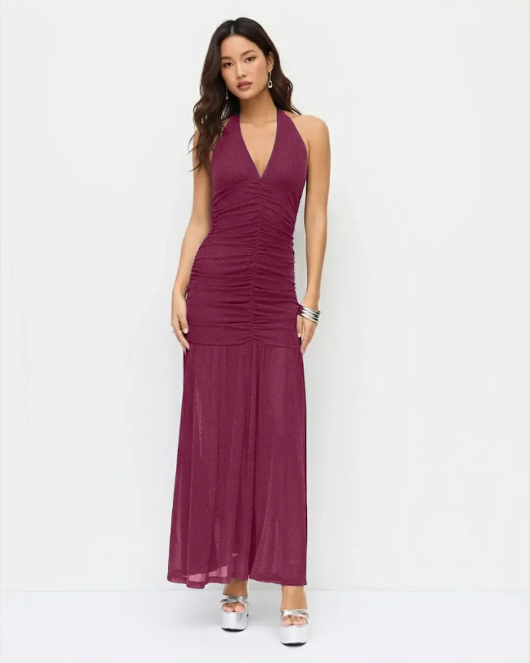 Mesh Halter Neckline Glitter Ruched Maxi Dress in Maroon
